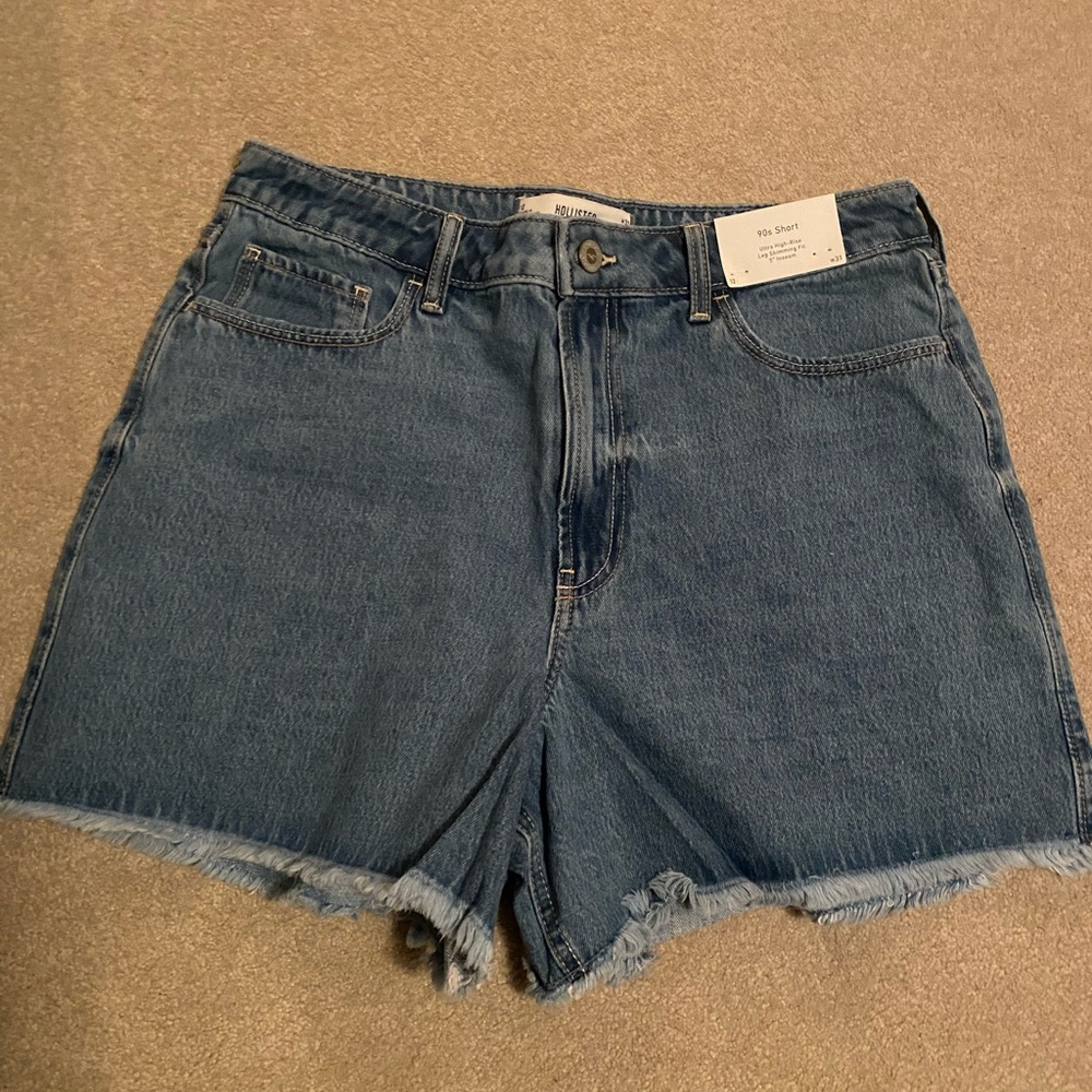 Hollister Blue Jean Shorts with High-Waisted Design and Frayed Hem